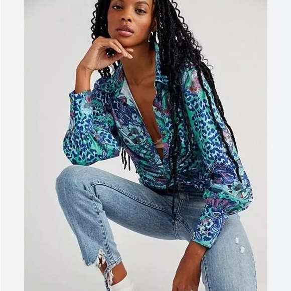 Free People Tops - Free People X Revolve Bianca Printed Button Front Blouse Jade Combo medium